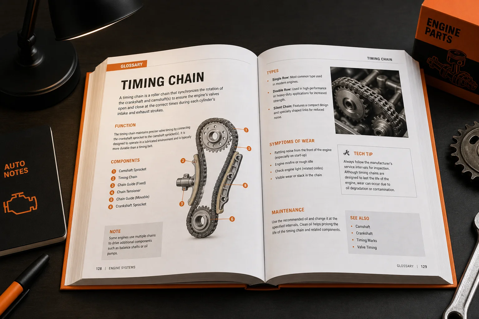 Open timing chain glossary on desk with warm lamp in dark educational setting