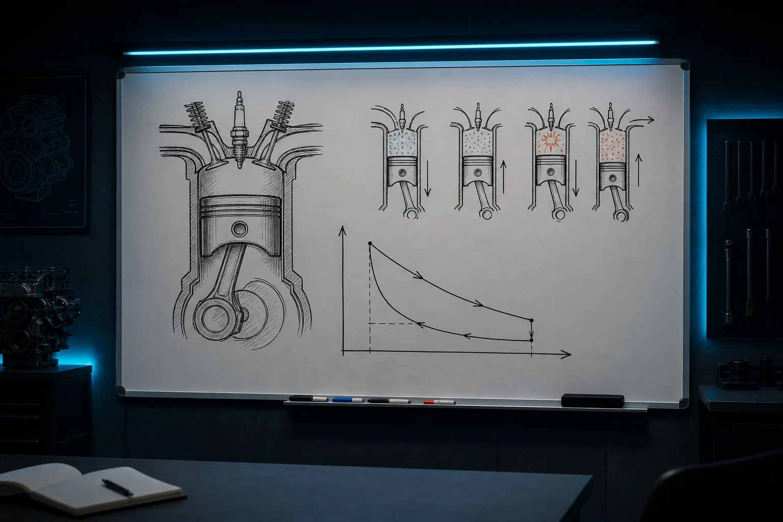 Discussion of engine phase diagram at whiteboard in classroom