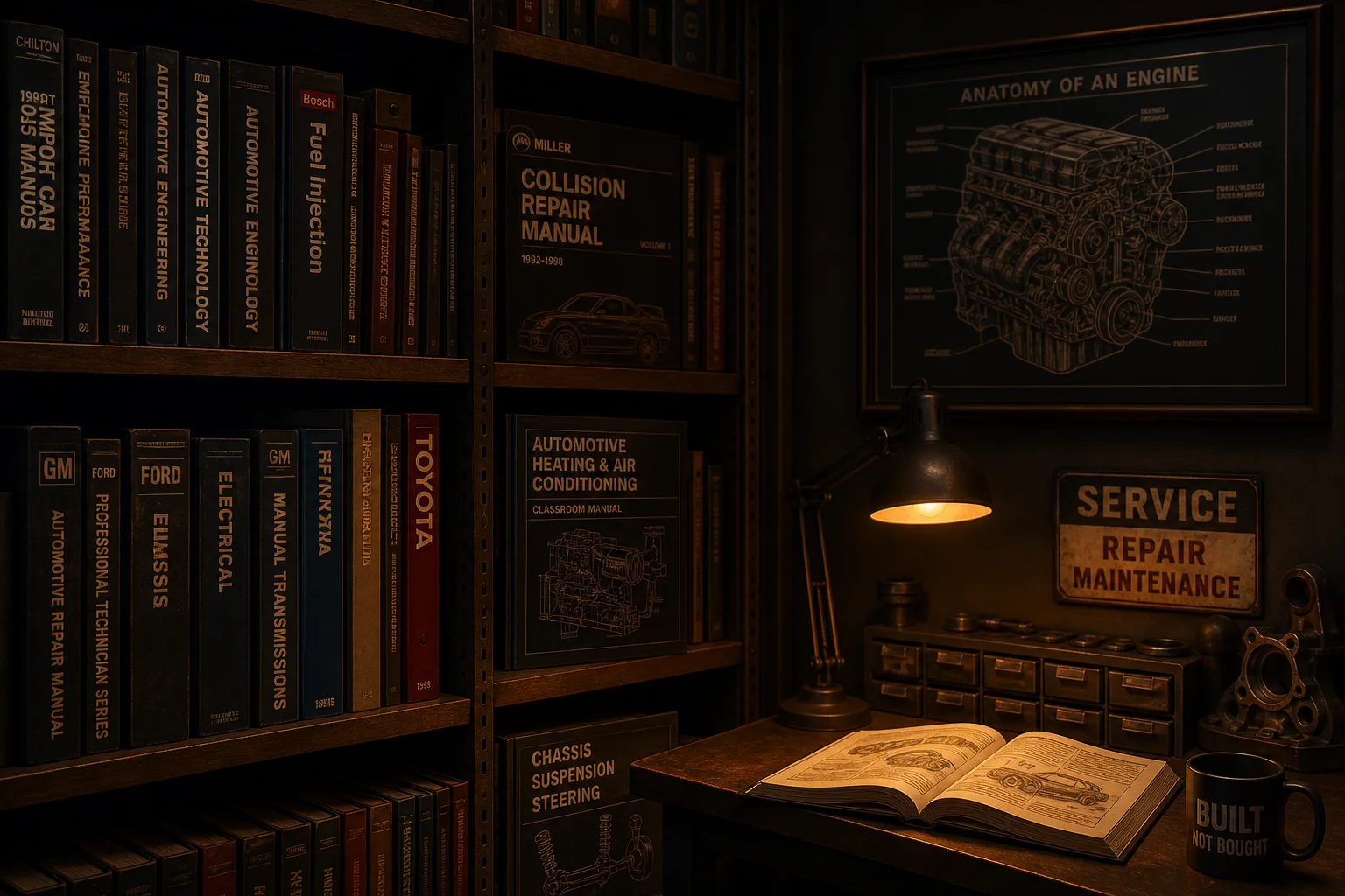 Study area with automotive technical manuals and soft lighting