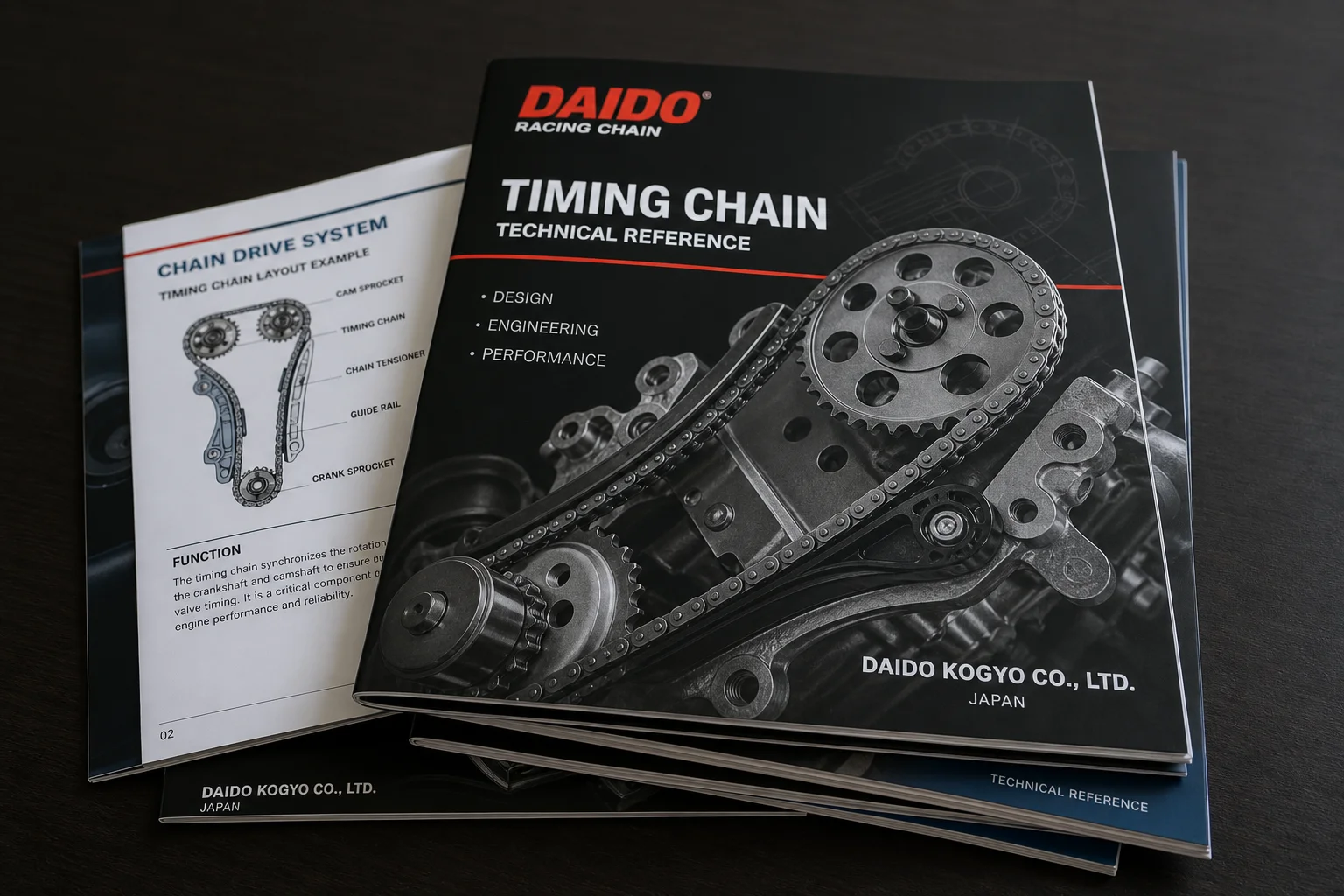 Stack of timing chain reference brochures on dark table