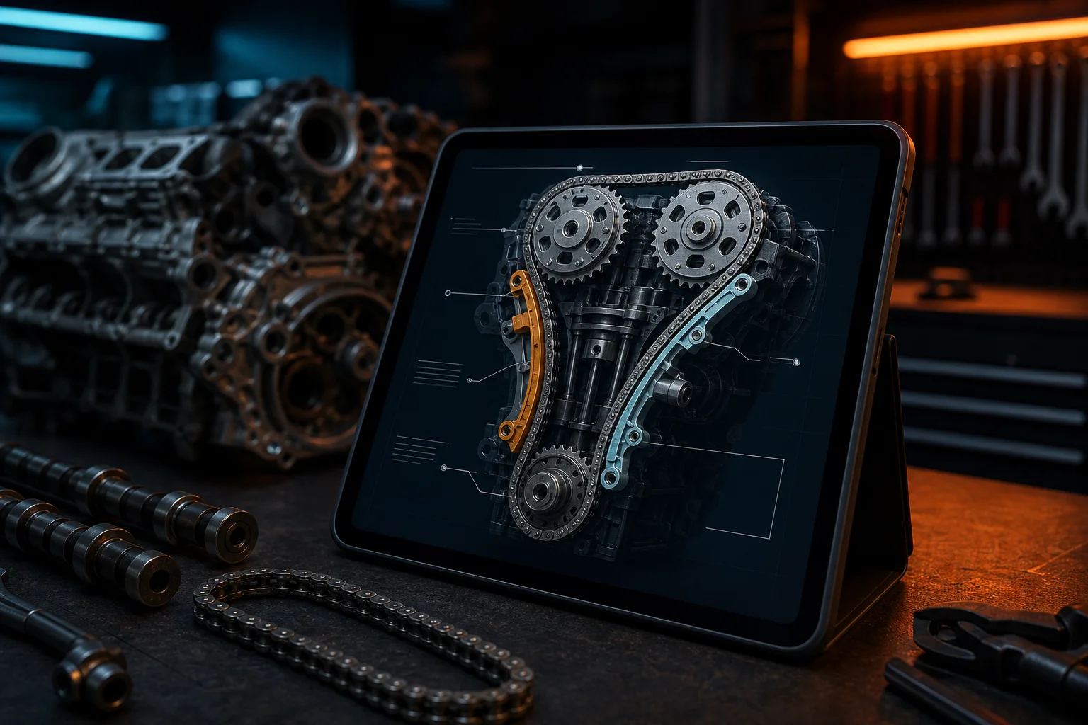 Technician reviewing timing chain diagnostic reference on tablet in dark workshop with orange accent lighting