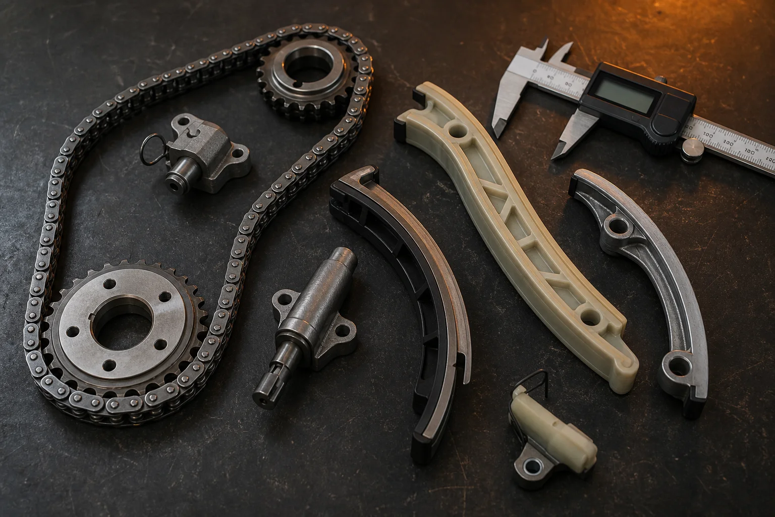 Timing chain components and calipers on dark workbench for educational reference