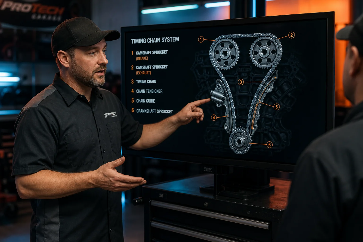 Automotive educator explaining engine drive mechanism diagram on monitor