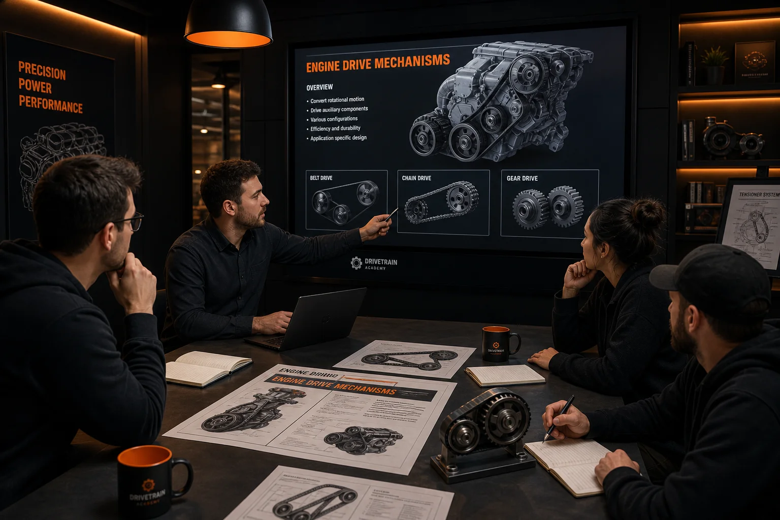 Editorial team meeting about timing chain educational materials in modern office